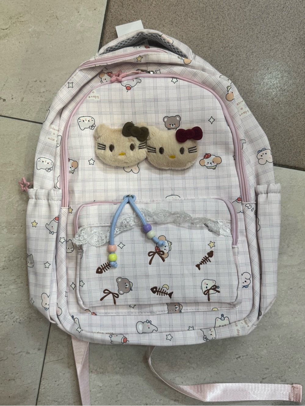 Kids Pink Plaid Backpack with Cute Plush Faces